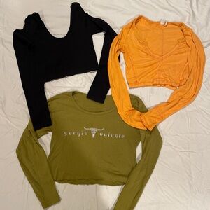 Set of 3 Long Sleeve Crop Tops, Sergio Valente Olive, Orange, and Black